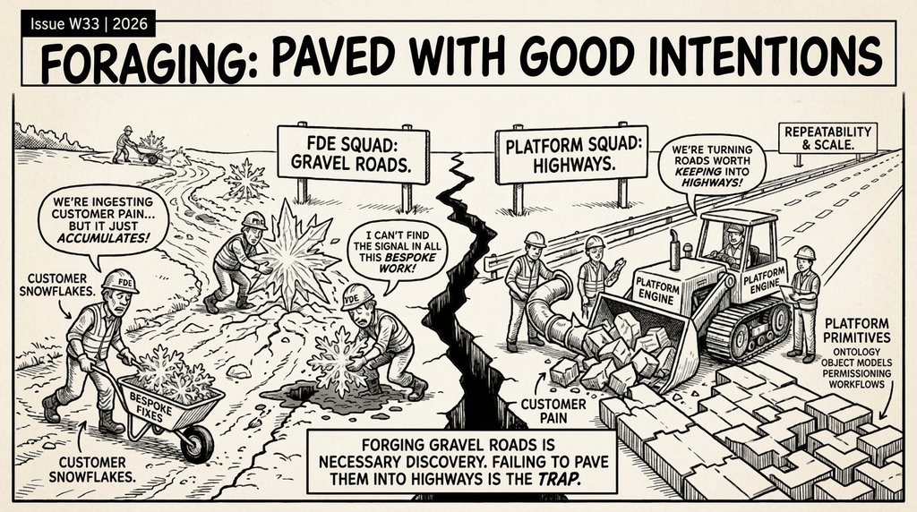A hand-drawn editorial cartoon split by a jagged crack. On the left, workers in hard hats labeled FDE push wheelbarrows of "bespoke fixes" through a rutted gravel track strewn with crystalline "customer snowflakes," saying "we're ingesting customer pain, but it just accumulates" and "I can't find the signal in all this bespoke work." A sign reads "gravel roads." On the right, a platform squad feeds the same rubble into a tracked machine marked "platform engine" that lays neat paving blocks into a highway, under signs reading "platform squad: highways" and "repeatability and scale," beside a list of platform primitives. A caption along the bottom reads: forging gravel roads is necessary discovery, failing to pave them into highways is the trap.