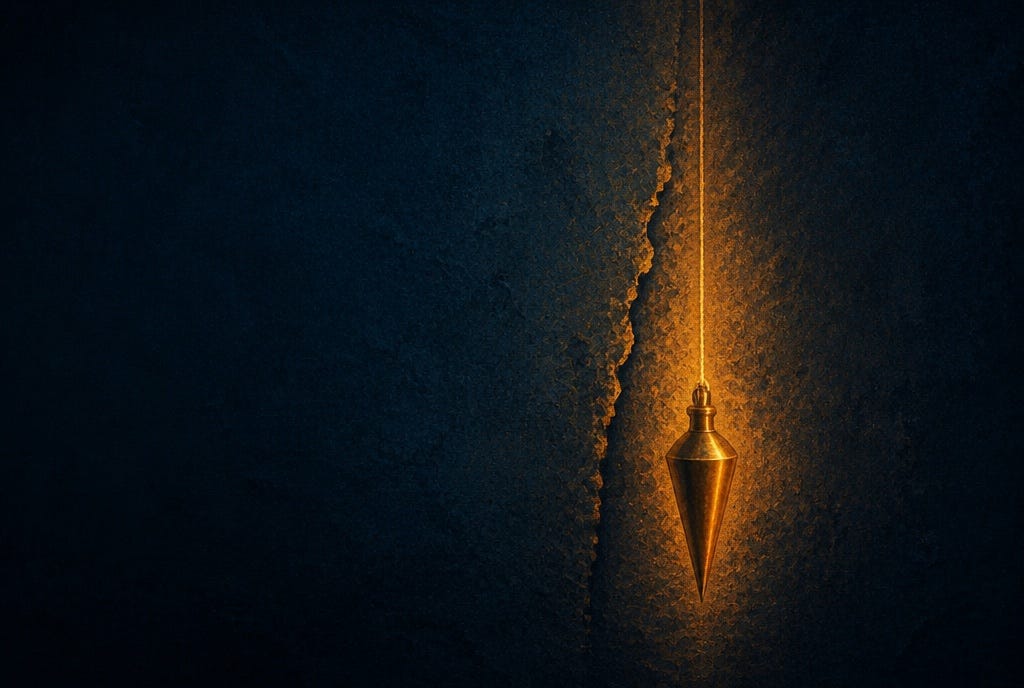 Finding My Compass Again cover: a brass plumb bob hanging true against a leaning wall Finding My Compass Again cover: a brass plumb bob hanging true against a leaning wall