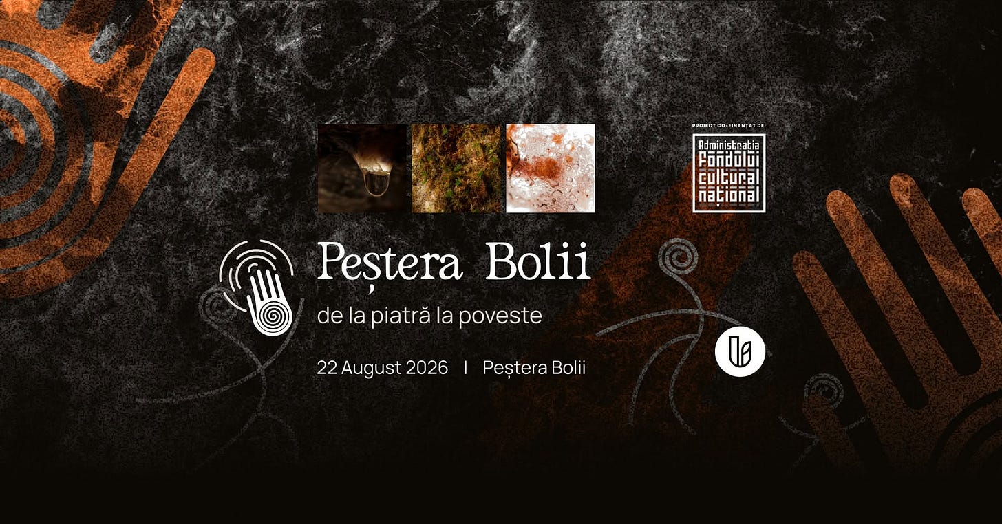 Ar putea fi o ilustraţie cu text care spune „ROSOT BOT Administratia Fondului Cultura nacTona Peștera Bolii de la piatră la poveste 22 August 22August2026 2026 Peștera Bolii Le” Ar putea fi o ilustraţie cu text care spune „ROSOT BOT Administratia Fondului Cultura nacTona Peștera Bolii de la piatră la poveste 22 August 22August2026 2026 Peștera Bolii Le”