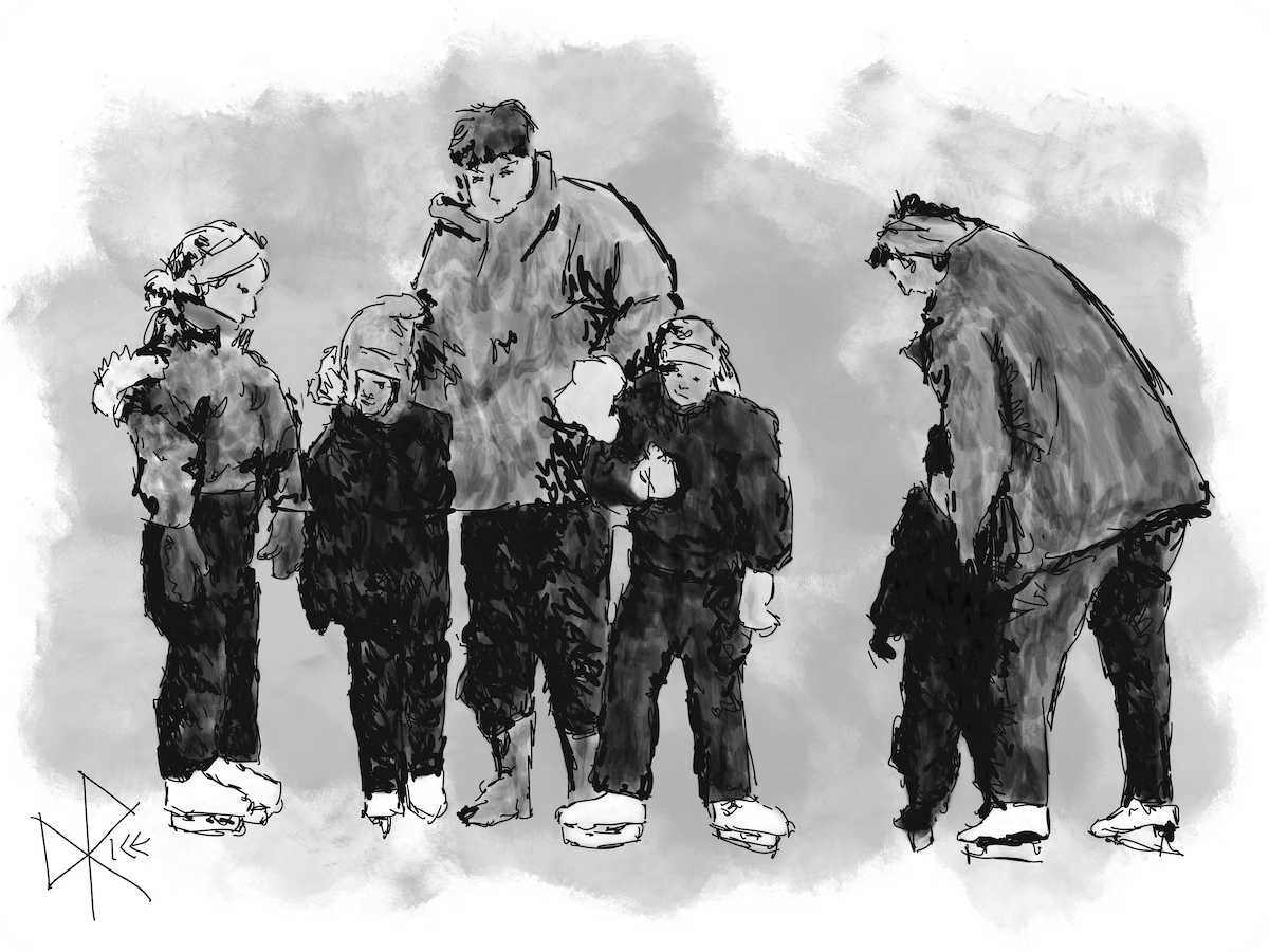 Two adults helping a group of kids figure out how to remain upright on skate blades. Sketch art by Don Rice.