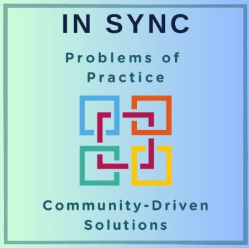 A blue green background with interlocking colorful squares reading IN SYNCH Problems of Practice, Community Driven Solutions