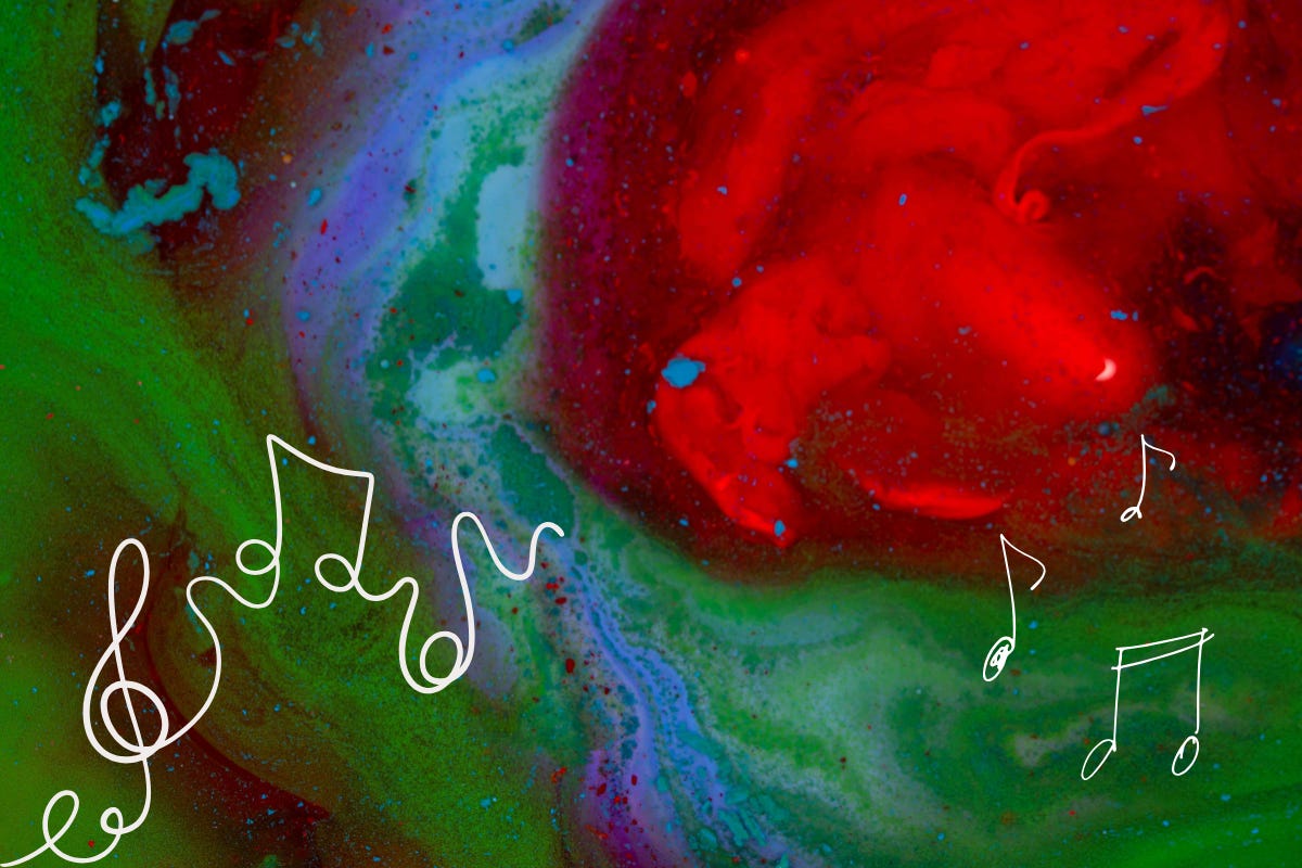 An abstract painting in green, blue, and red, with a hand-drawn treble clef and musical notes over the top. An abstract painting in green, blue, and red, with a hand-drawn treble clef and musical notes over the top.