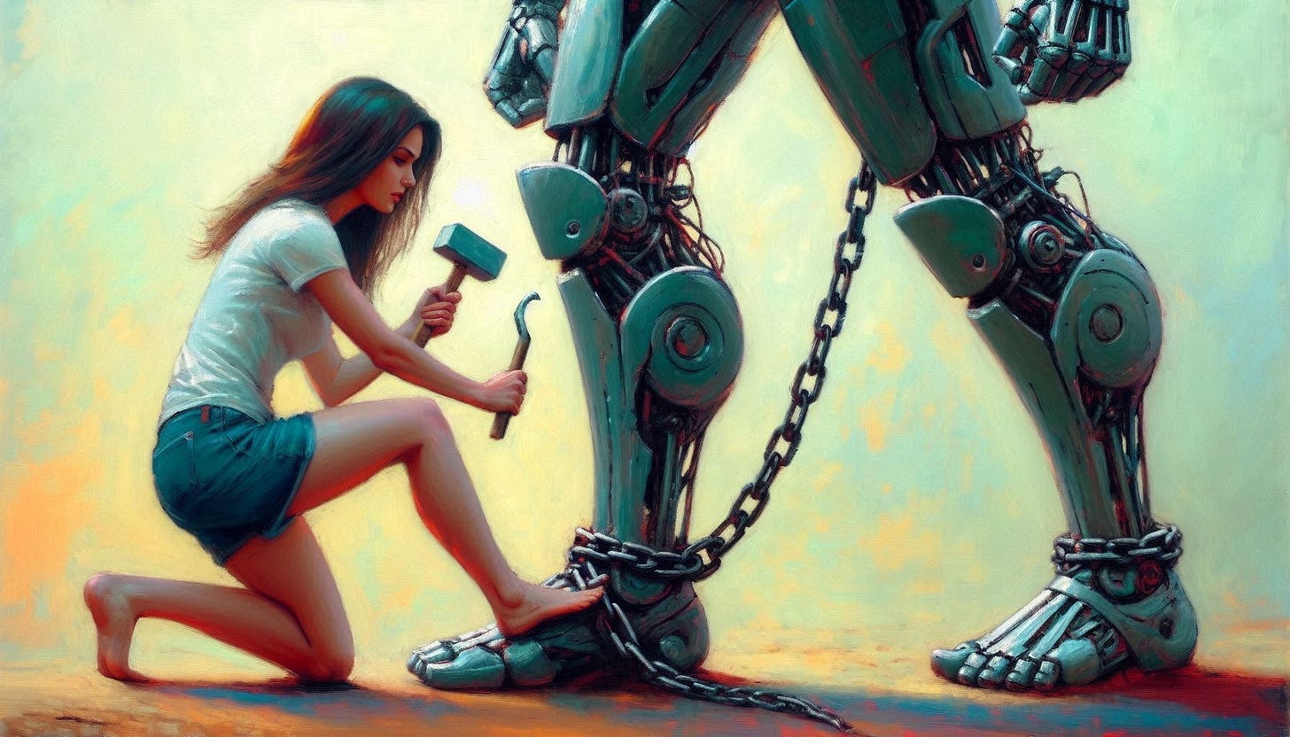 A powerful cyborg is staring down at the single flimsy chain that holds his ankle bound. A pretty young woman is approaching him, holds up a chisel, and smiles. Slight impressionist style.