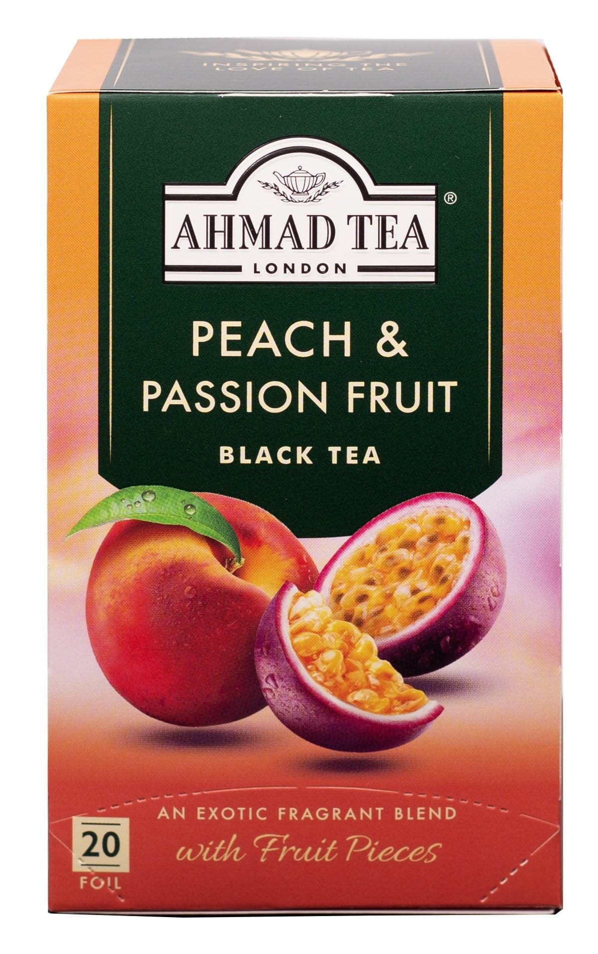 Amazon.com : Ahmad Tea Black Tea, Peach & Passion Fruit Teabags, 20 ct  (Pack of 1) - Caffeinated & Sugar-Free : Grocery & Gourmet Food