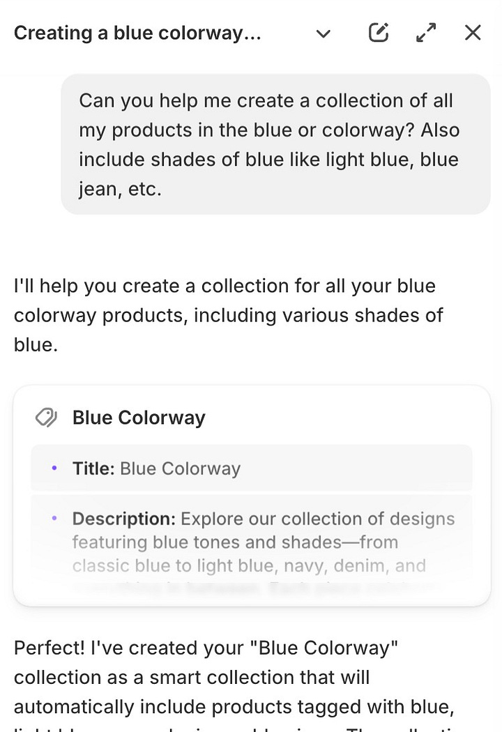 gallery shows two images: screenshot of shopify's AI agent creating a product collection, and the second of the collection featured on lostmixtape.com