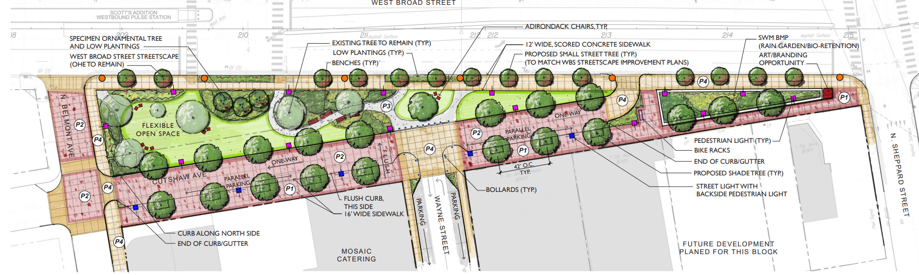 Design Drawing of the proposed expanded West Broad Street Green from Belmont Ave to Sheppard St along Broad St. Design Drawing of the proposed expanded West Broad Street Green from Belmont Ave to Sheppard St along Broad St.