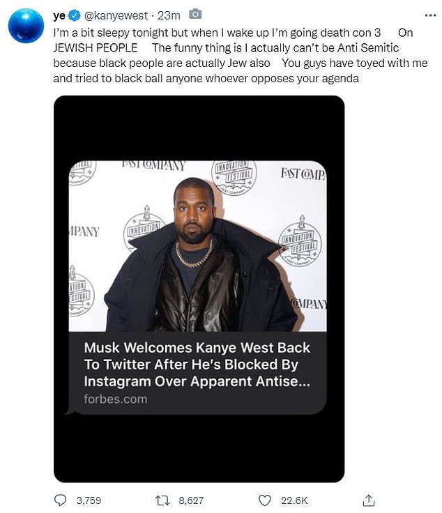 Kanye West continued his return to Twitter with a disturbing tweet where he suggested he would be 'going death con 3 on JEWISH PEOPLE' while bringing back his 'White Lives Matter' T-shirt