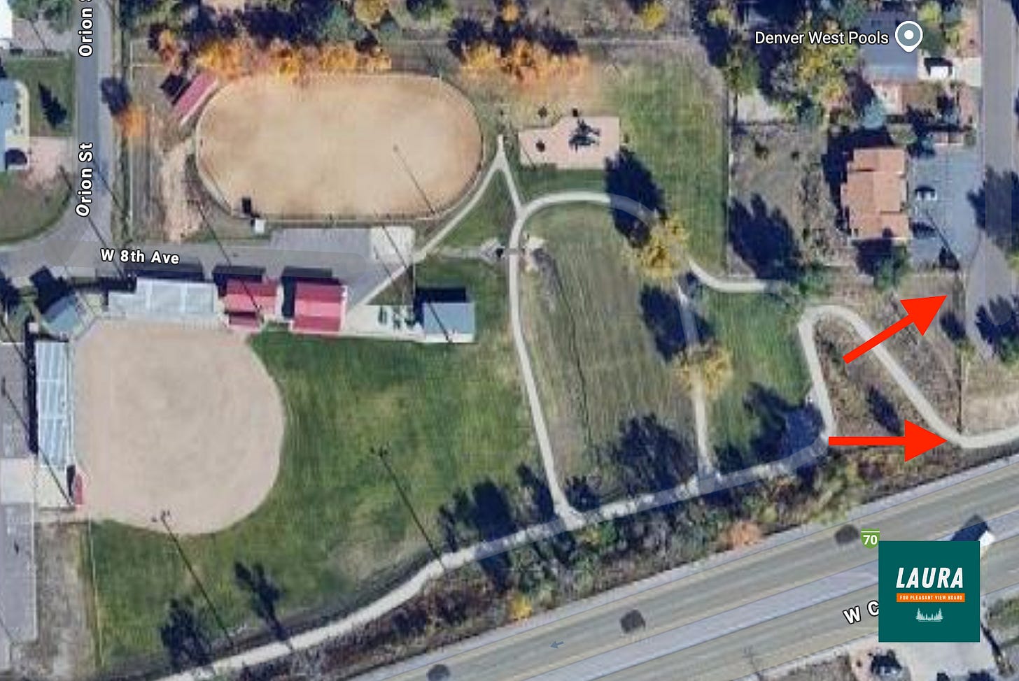 Google Maps screenshot of Wolf Park with two red arrows on the eastern boundary of the park, pointing to two different spots in the fenceline Google Maps screenshot of Wolf Park with two red arrows on the eastern boundary of the park, pointing to two different spots in the fenceline