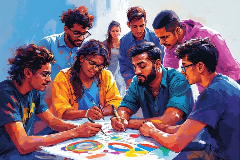 a group of people with different skin tones drawing together on a table