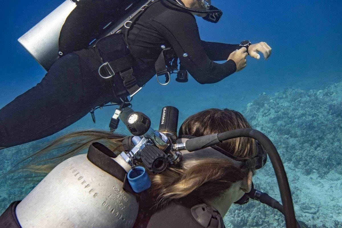 Scuba divers using air integration Scuba divers using air integration