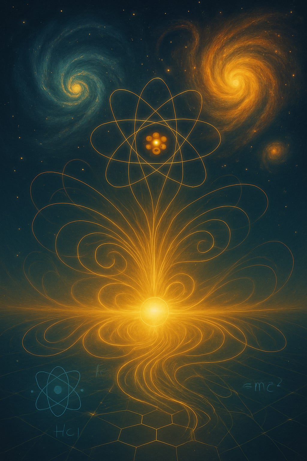 A cosmic, science-infused artwork showing a radiant golden sphere at the centre of an energetic field, its swirling filaments rising into an atom-like structure suspended in space. Two glowing galaxies spiral in the background, while faint scientific symbols appear etched into a dark grid beneath, blending physics, cosmology, and metaphysics into a single luminous image. A cosmic, science-infused artwork showing a radiant golden sphere at the centre of an energetic field, its swirling filaments rising into an atom-like structure suspended in space. Two glowing galaxies spiral in the background, while faint scientific symbols appear etched into a dark grid beneath, blending physics, cosmology, and metaphysics into a single luminous image.