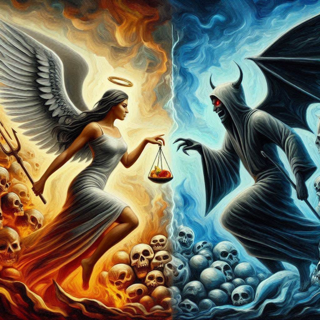 A modern oil painting style image of good vs. evil