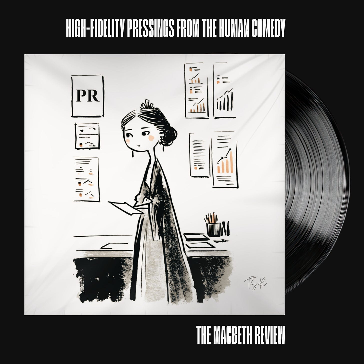 A vinyl record presentation on a black background, topped with white typography reading "HIGH-FIDELITY PRESSINGS FROM THE HUMAN COMEDY." The white sleeve features an ink illustration of Lady Macbeth in regal attire, standing amidst charts in a modern corporate "PR" office. A black vinyl record emerges from the right. Below, text reads "THE MACBETH REVIEW."