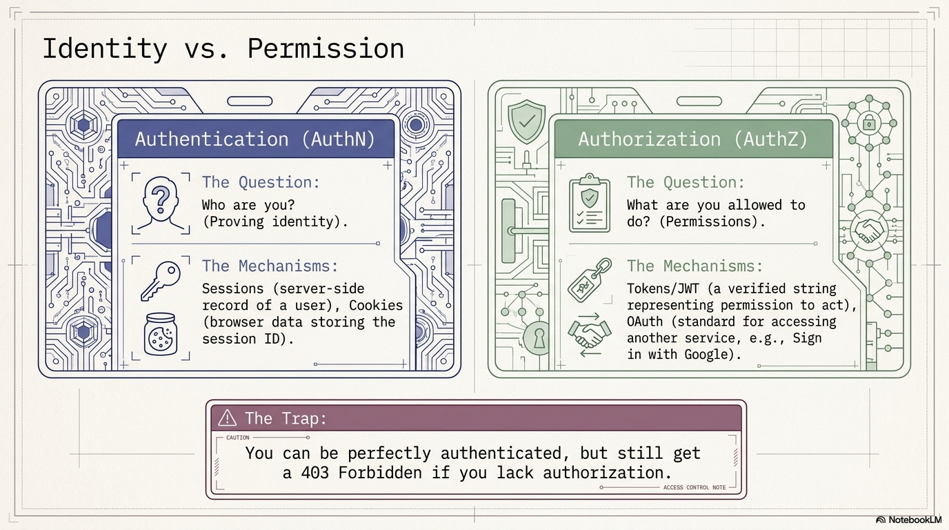 Infographic titled “Identity vs. Permission” comparing Authentication (AuthN) and Authorization (AuthZ). AuthN asks “Who are you?” and mentions sessions and cookies; AuthZ asks “What are you allowed to do?” and mentions tokens/JWT and OAuth. A note at the bottom warns: you can be authenticated but still get 403 Forbidden if you aren’t authorized.