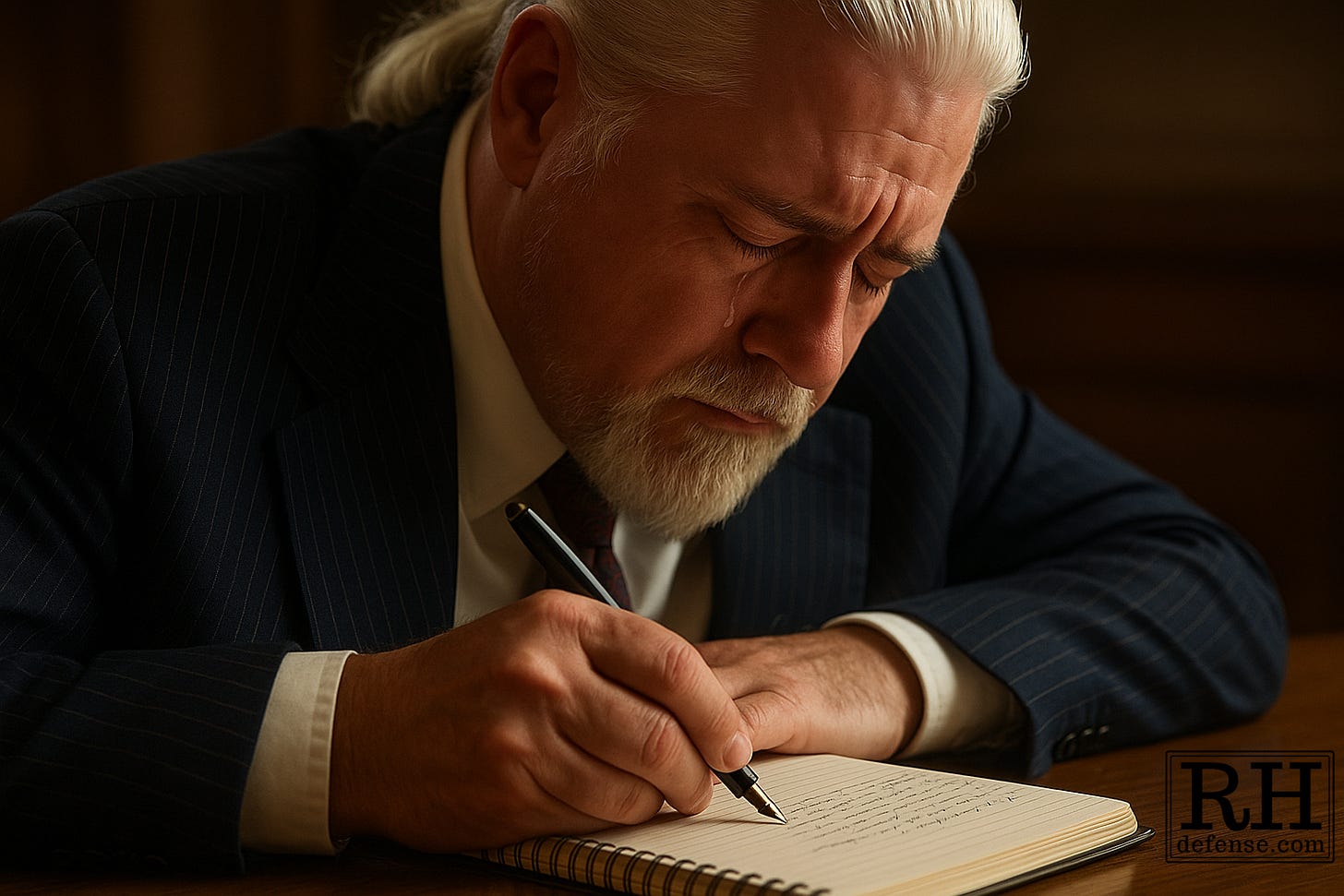 A middle-aged man with white hair and a beard sits at a wooden desk, pausing as he writes in an open notebook. A tear falls from his face onto the page beside a fountain pen, softly lit by warm, natural light that gives the scene a quiet, reflective tone. A middle-aged man with white hair and a beard sits at a wooden desk, pausing as he writes in an open notebook. A tear falls from his face onto the page beside a fountain pen, softly lit by warm, natural light that gives the scene a quiet, reflective tone.