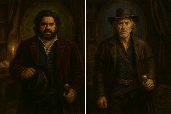 Rictavio, visually based on Matt Berry, stands alone in a dimly lit chamber as his disguise fades, revealing Rudolph Van Richten, visually based on Gary Oldman. His flamboyant bard’s attire shimmers and dissolves, replaced by worn hunter’s armor beneath a heavy cloak. His expression shifts from theatrical charm to solemn resolve, eyes sharpening with memory and grief. The transformation is mid-motion—half Rictavio, half Van Richten—capturing the moment identity and legacy collide. The atmosphere is dramatic, intimate, and charged with revelation.
