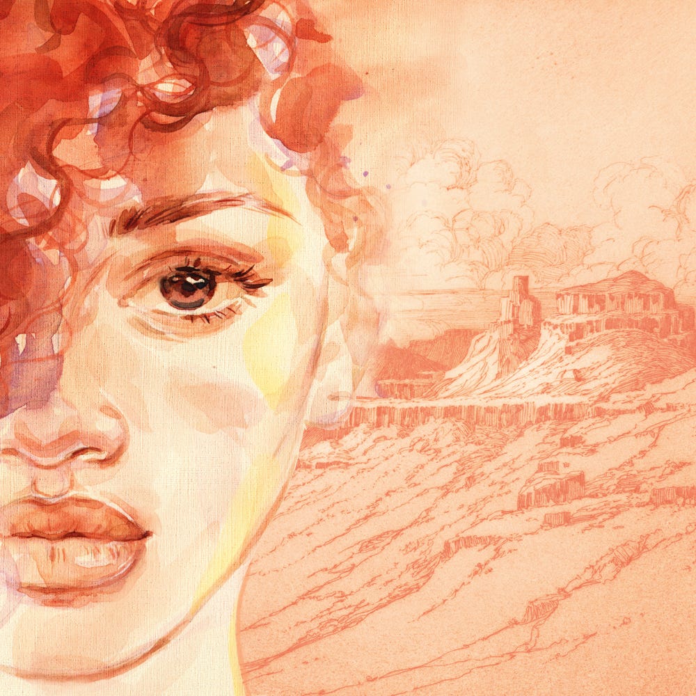 Woman against a desert background in orange tones