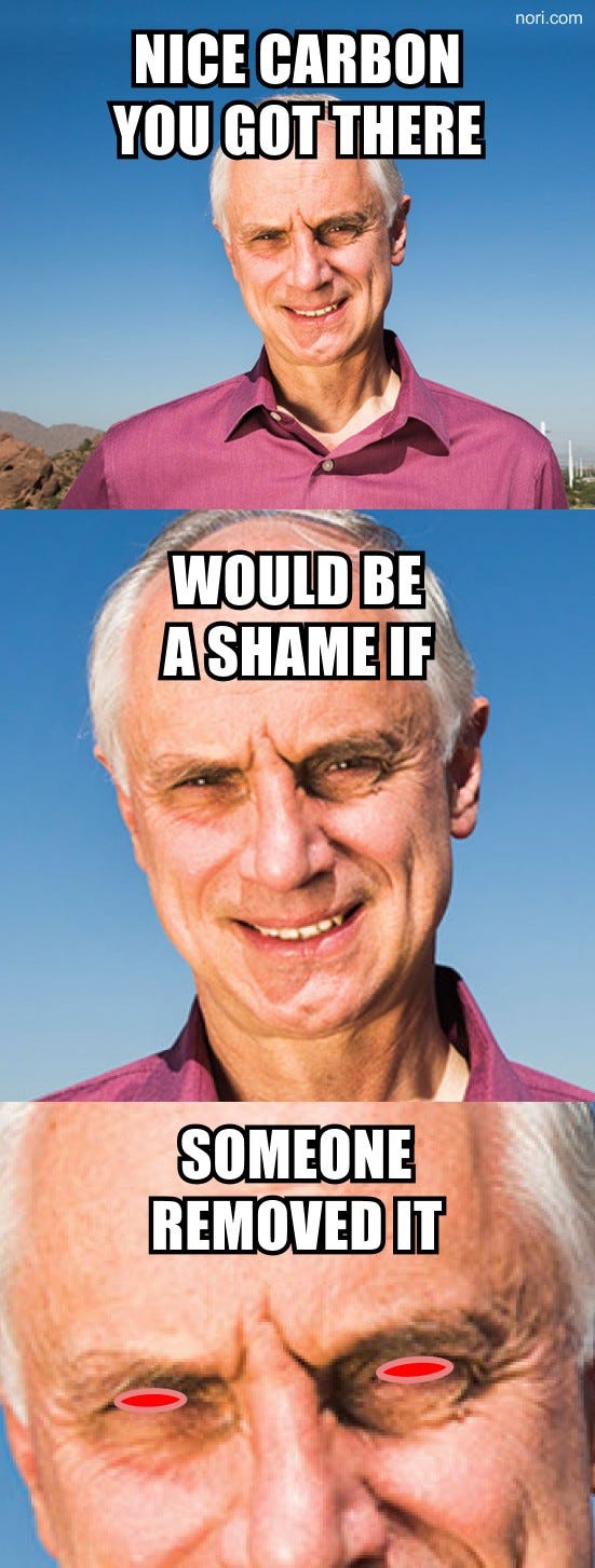 Three-panel meme of a smiling white-haired man in a pink shirt, zooming in on his face. Text: "NICE CARBON YOU GOT THERE" / "WOULD BE A SHAME IF" / "SOMEONE REMOVED IT". In the last close-up his eyes glow red. Watermark: nori.com.