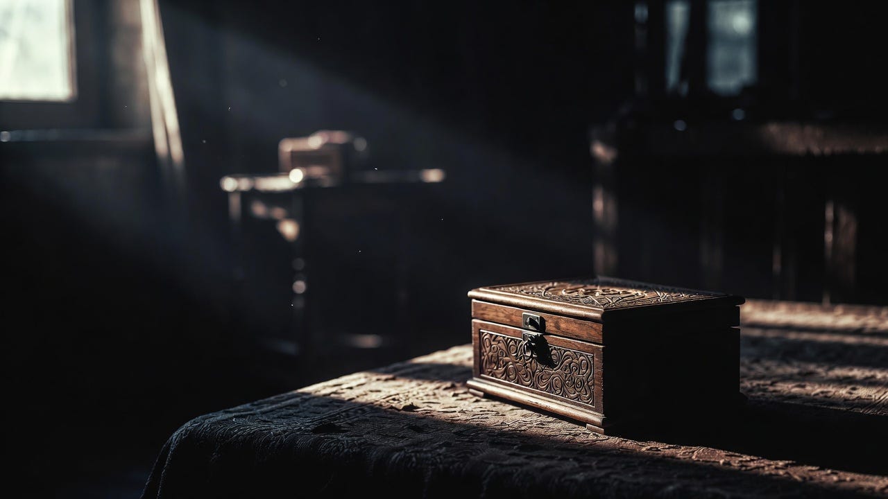 A mysterious photograph of a dimly lit room with a hidden wooden box, evoking secrecy.