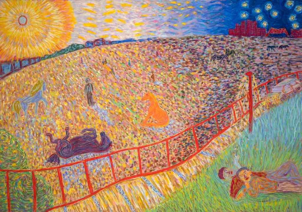 Pastel drawing of grassy bridge