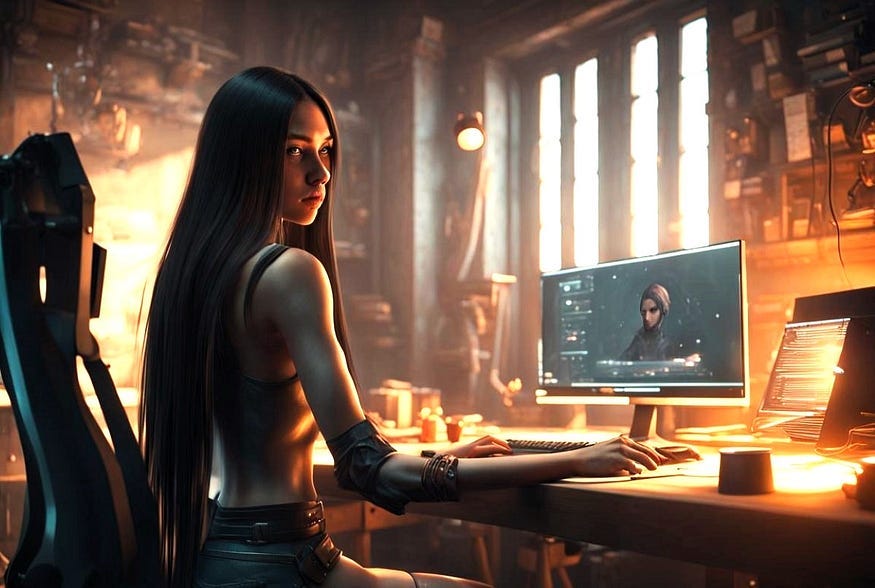 A girl sitting at her desk on the computer — a mans face looks back A girl sitting at her desk on the computer — a mans face looks back