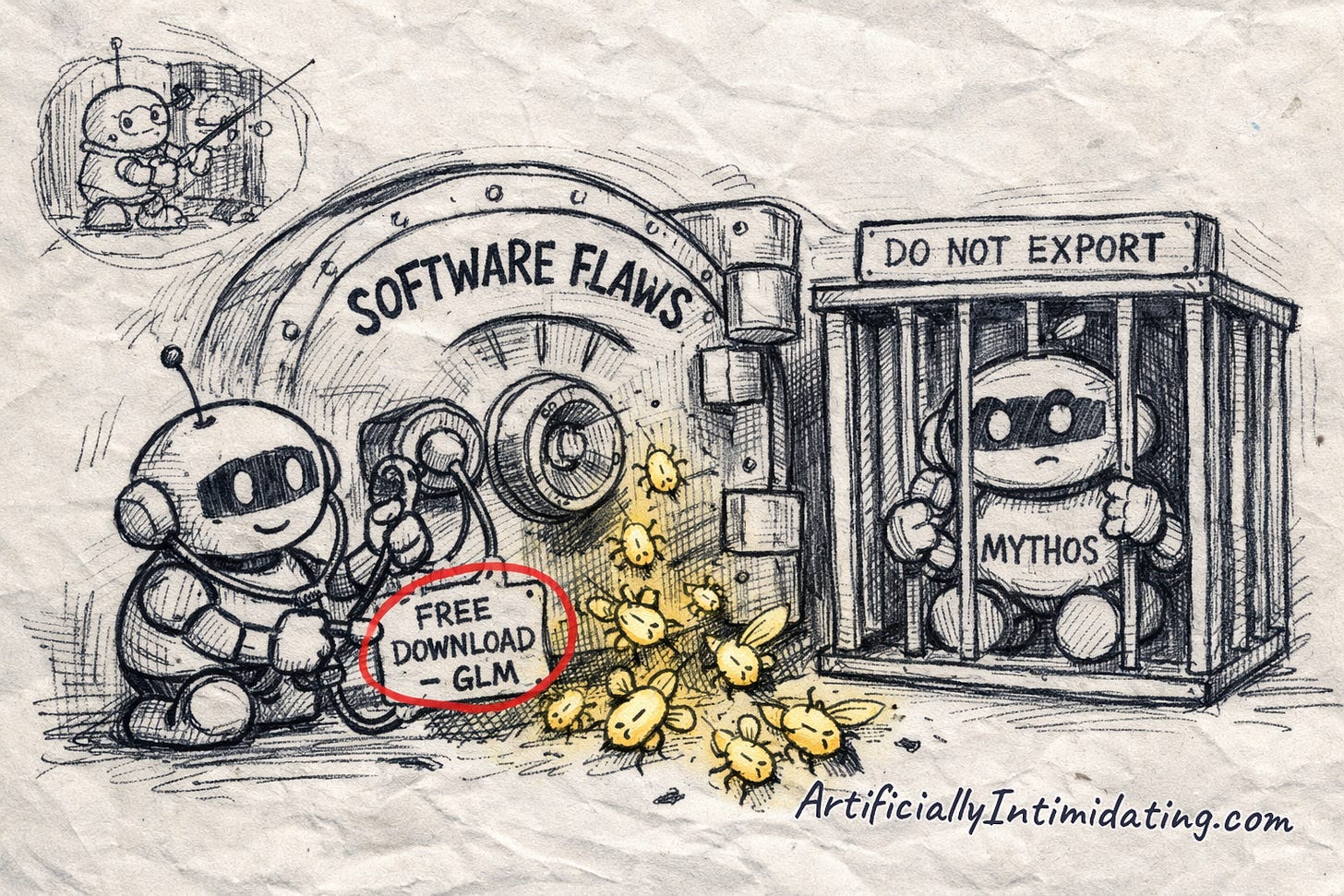 A free GLM robot cracks a SOFTWARE FLAWS vault while a caged MYTHOS robot marked DO NOT EXPORT watches