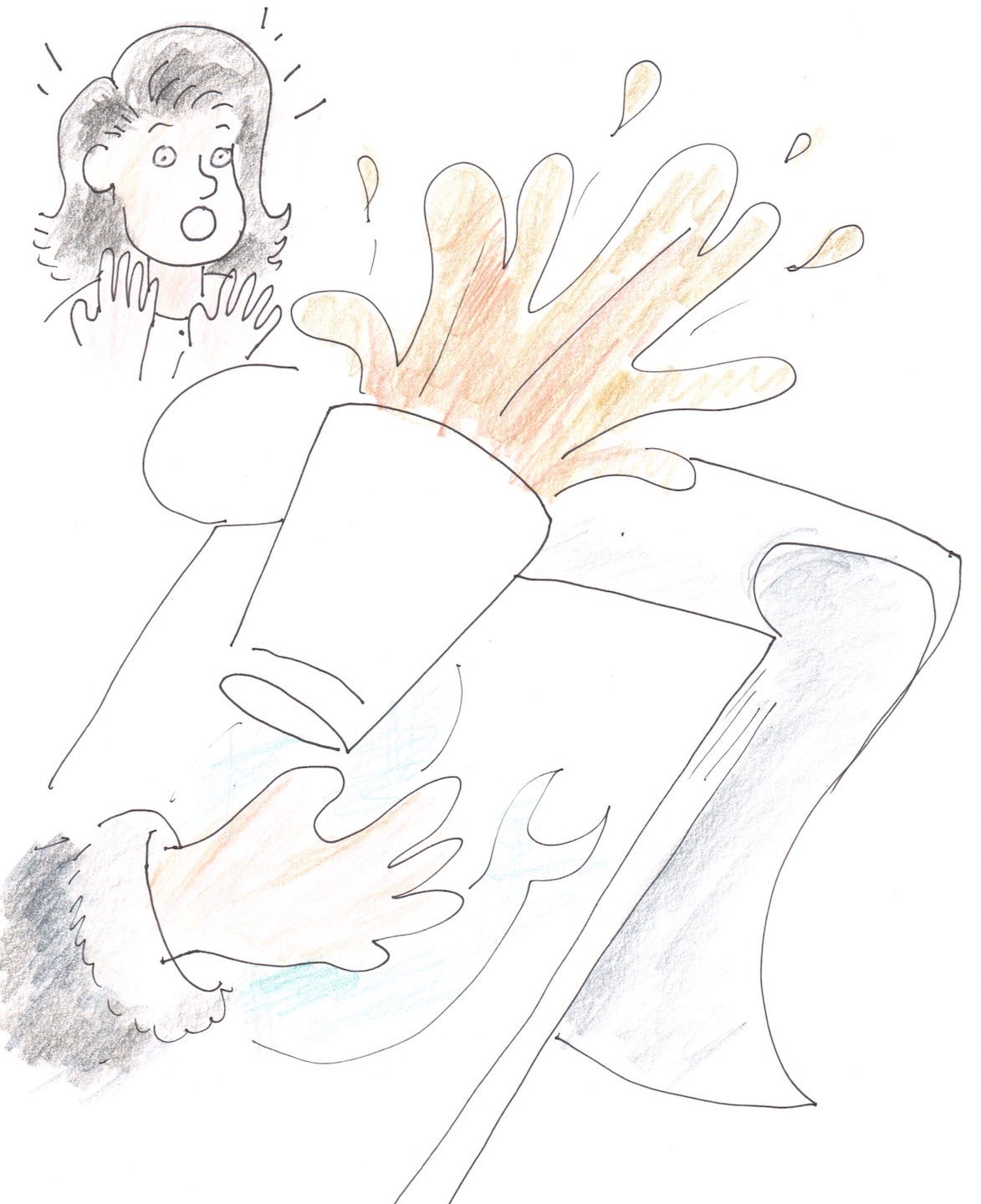 A styrofoam cup of coffee flies out of the hand of someone holding a sketch pad. Coffee is schlooshing out of the cup. A distressed woman is in the background. She holds up two hands to her face in dismay. The artist has drawn the hands incorrectly as two right hands facing palm out.