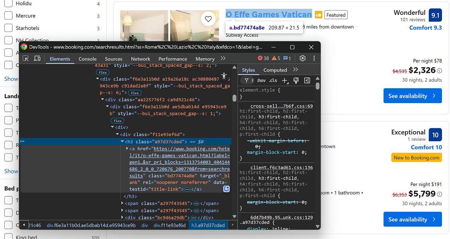 Inspecting the property listing link HTML element