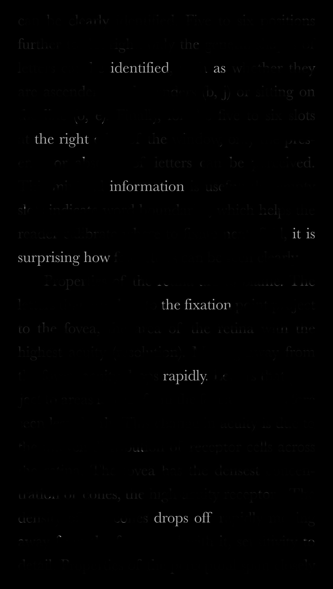 identified as / the right / information / it is surprising how / the fixation / rapidly / drops off