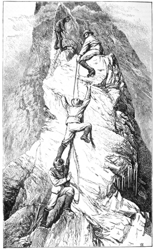 19th-century men, roped ascent of narrow rock ridge