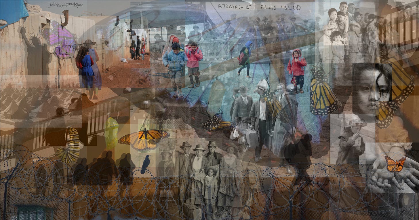 A wide horizontal photographic collage layering immigration imagery across multiple eras and geographies. At the top center, the words "ARRIVING AT ELLIS ISLAND" appear in faded handwritten text. The composition weaves together: a woman in a blue dress walking away toward a dusty refugee camp; children in colorful winter jackets crossing what appears to be a modern border checkpoint; historical black-and-white photographs of early 20th-century immigrant families posed formally; a group of Asian immigrants in archival photographs; a close-up portrait of a young woman's face in grayscale; and silhouetted figures moving through uncertain terrain. A Statue of Liberty silhouette appears on the left with butterfly wings in place of its torch. Monarch butterflies are scattered throughout the composition. A crow stands at the center. Blue barbed wire runs across the bottom foreground. The overall effect collapses time — sepia and black-and-white historical images blending with contemporary color photography — creating a meditation on the continuous, multigenerational experience of border crossing. A wide horizontal photographic collage layering immigration imagery across multiple eras and geographies. At the top center, the words "ARRIVING AT ELLIS ISLAND" appear in faded handwritten text. The composition weaves together: a woman in a blue dress walking away toward a dusty refugee camp; children in colorful winter jackets crossing what appears to be a modern border checkpoint; historical black-and-white photographs of early 20th-century immigrant families posed formally; a group of Asian immigrants in archival photographs; a close-up portrait of a young woman's face in grayscale; and silhouetted figures moving through uncertain terrain. A Statue of Liberty silhouette appears on the left with butterfly wings in place of its torch. Monarch butterflies are scattered throughout the composition. A crow stands at the center. Blue barbed wire runs across the bottom foreground. The overall effect collapses time — sepia and black-and-white historical images blending with contemporary color photography — creating a meditation on the continuous, multigenerational experience of border crossing.