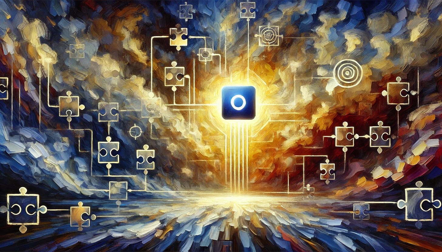 Artwork of a glowing square connected to puzzle pieces with circuits, against a dramatic sky.