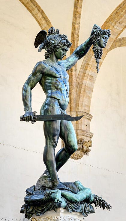 Perseus and Medusa, bronze sculpture by Benvenuto Cellini in 1545 made to be displayed right where it still stands, in the Loggia dei Lanzi in Florence next to to the original David Perseus and Medusa, bronze sculpture by Benvenuto Cellini in 1545 made to be displayed right where it still stands, in the Loggia dei Lanzi in Florence next to to the original David
