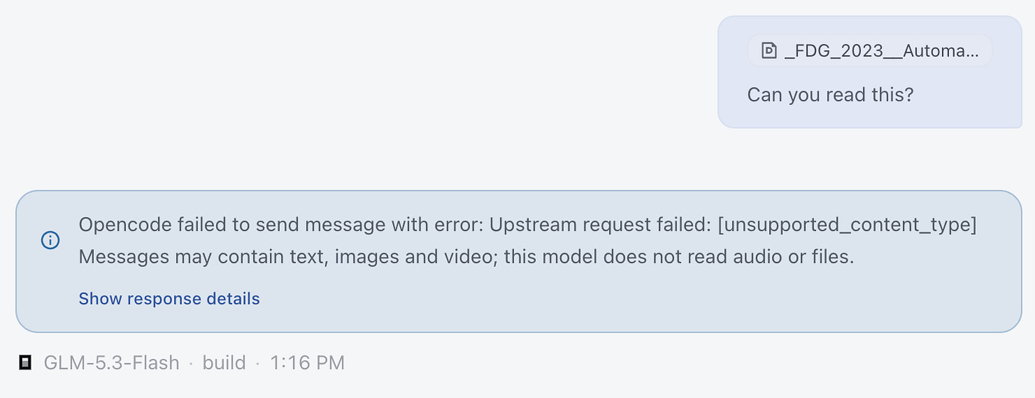 OpenChamber screenshot showing user message with pdf file attachments and an error message below OpenChamber screenshot showing user message with pdf file attachments and an error message below