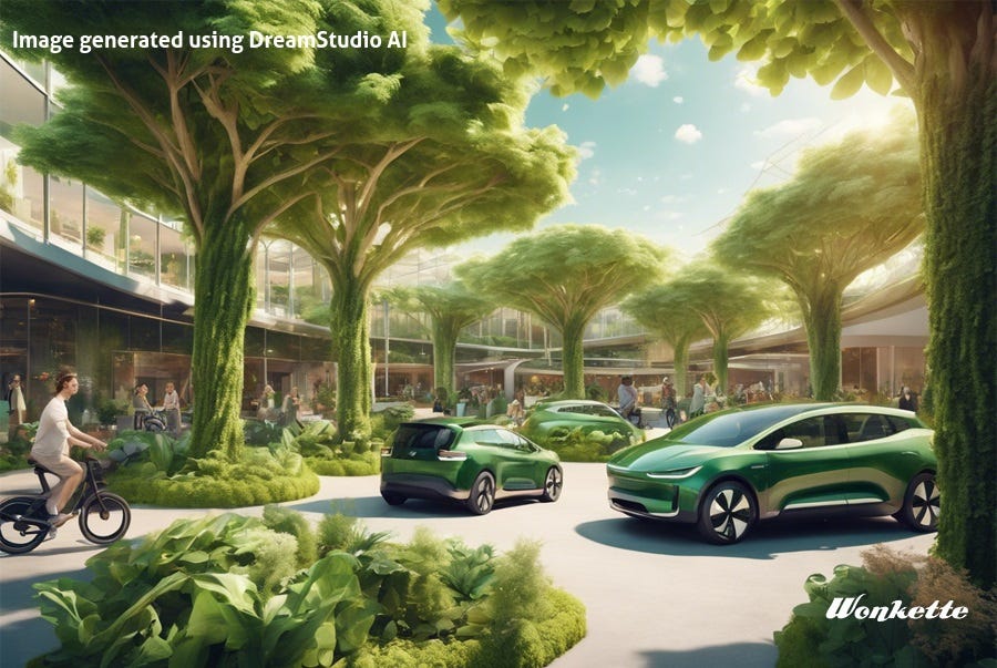 AI generated image of a futuristic shopping center constructed among lush green trees and vines, with electric vehicles and ebikes parked outside. AI generated image of a futuristic shopping center constructed among lush green trees and vines, with electric vehicles and ebikes parked outside.