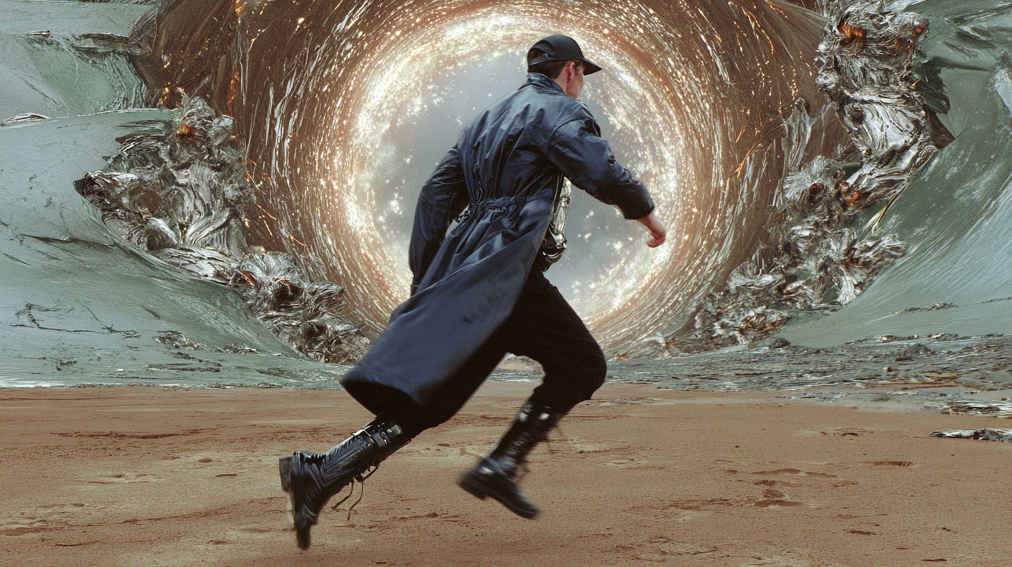 A time traveller dashing toward a glowing wormhole, chased by monstrous aliens across a crumbling alien terrain, motion blur, intense energy ripples, cinematic sci-fi action --ar 16:9 --sref 422540653 --profile i6fyyx5 --sv 4 --v 7 A time traveller dashing toward a glowing wormhole, chased by monstrous aliens across a crumbling alien terrain, motion blur, intense energy ripples, cinematic sci-fi action --ar 16:9 --sref 422540653 --profile i6fyyx5 --sv 4 --v 7