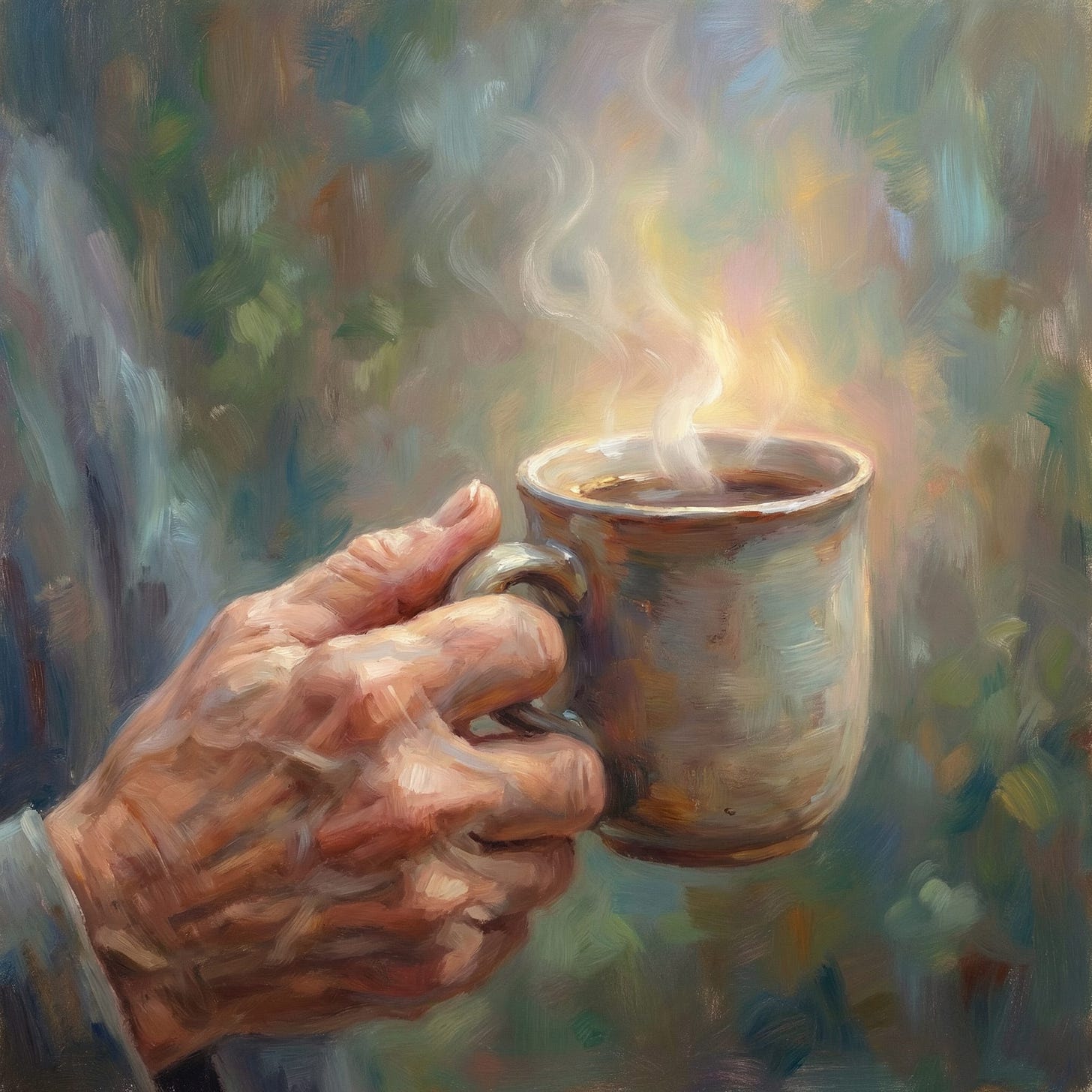 An oil painting of an older man's hand holding a cup of tea
