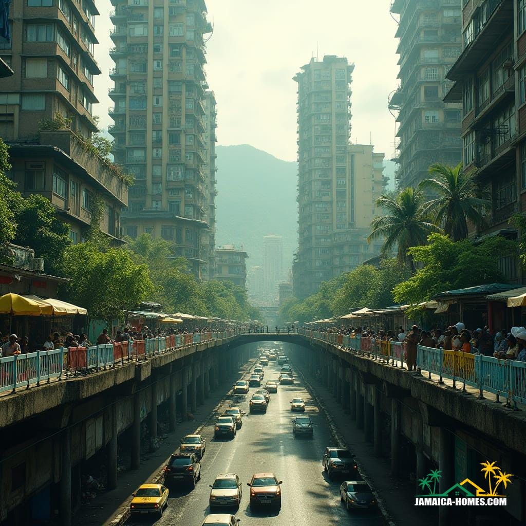 Downtown Kingston's sleek skyscrapers, wrapped in lush greenery and cascading waterfalls, surrounded by Jamaican vendors in sky-level public plazas, reggae murals on lower levels, amidst modern elevated roads, with tropical mountain backdrop, in a cinematic film still, inspired by the styles of Syd Mead, Ash Thorp, and Simon Stalenhag, with film grain, vignette, and color grading, evoking a sense of epic, atmospheric, and dramatic, 35mm film quality.