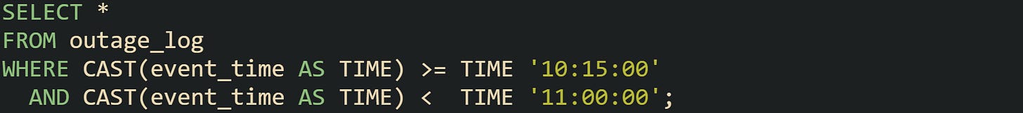 SELECT * FROM outage_log WHERE CAST(event_time AS TIME) >= TIME '10:15:00'   AND CAST(event_time AS TIME) <  TIME '11:00:00';