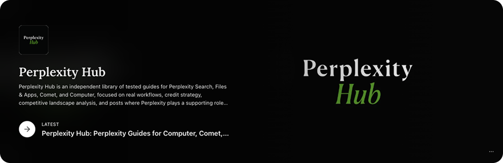 Product with Attitude "Perplexity Hub" cover by Karo Zieminski, an independent library of tested guides for Perplexity Search, Files & Apps, Comet, and Computer covering real workflows, credit strategy, and competitive analysis.