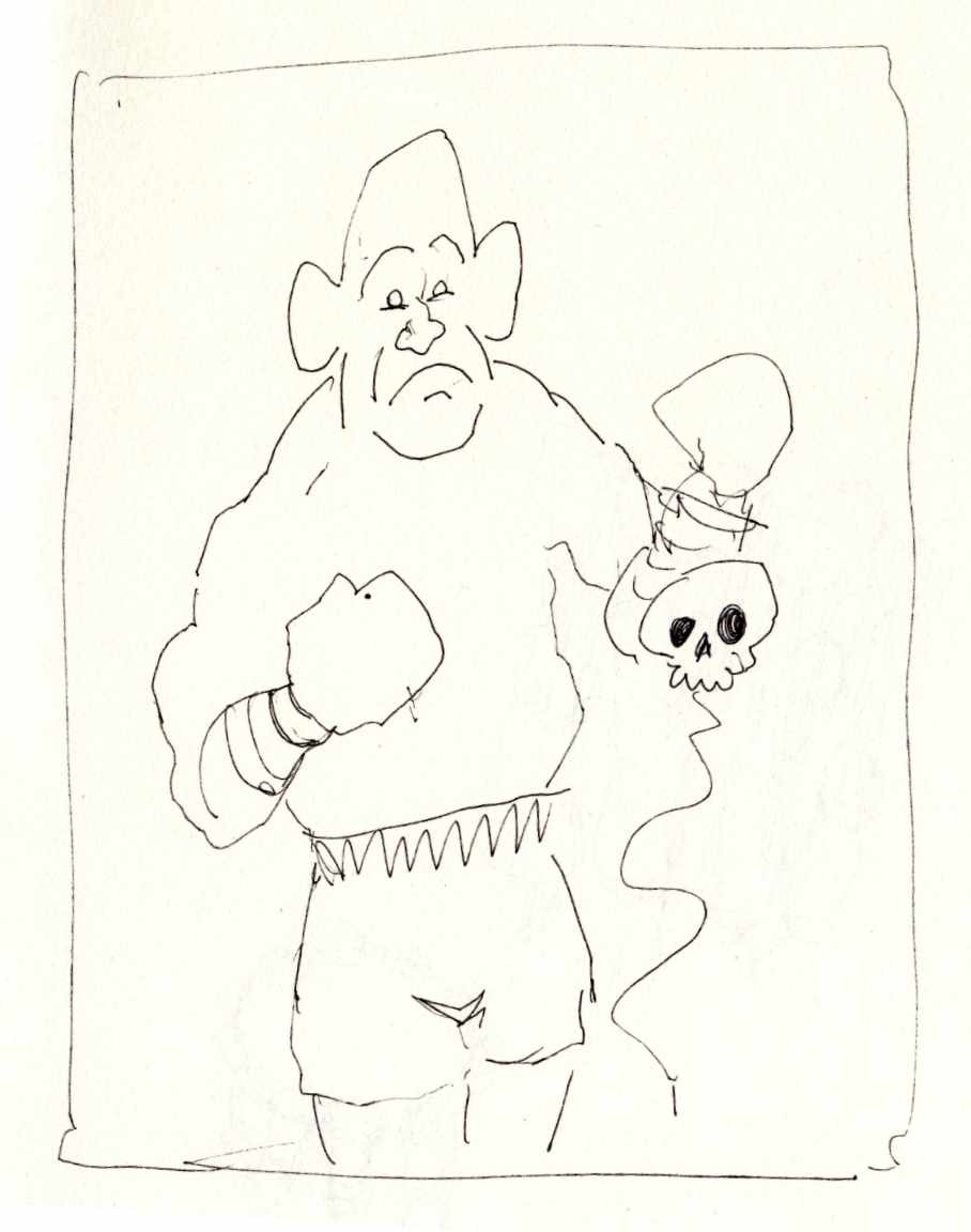 Ink drawing of a sad looking boxer looking down as a metaphorical skull rises from the floor.