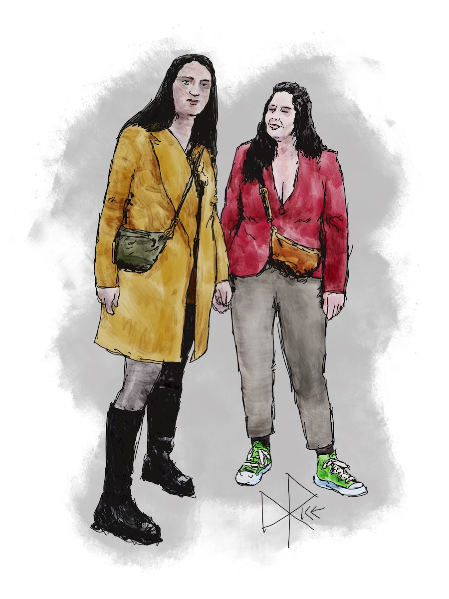 Two women standing outdoors, enjoying the warming weather as the earth’s orbit and rotation cycle bring back greater solar irradiance in the northern hemisphere. Sketch art by Don Rice.Two women standing outdoors, enjoying the warming weather as the earth’s orbit and rotation cycle bring back greater solar irradiance in the northern hemisphere. Sketch art by Don Rice.