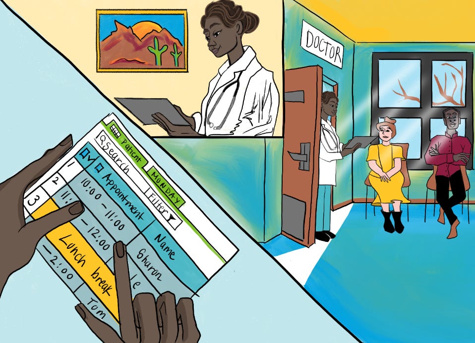 ​An image divided into three sections. In the top left corner, a doctor wearing a white coat looks at her clipboard. In the bottom left corner, we see a zoomed in image of her clipboard and patient schedule, which shows an hour for each patient and a lunch break. On the right hand side of the image, we see two patients sitting in the waiting room. 