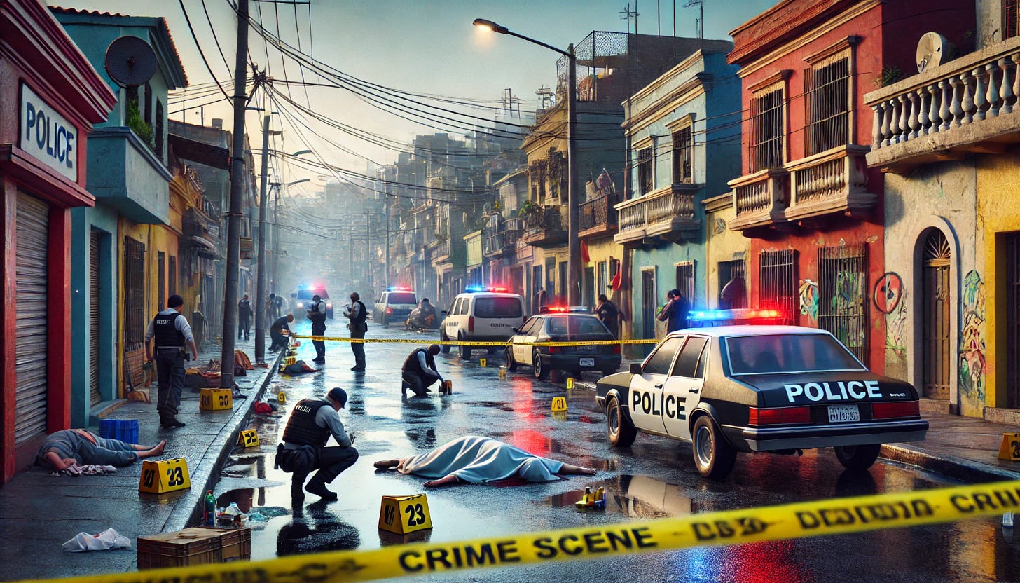 A realistic depiction of a crime scene in a Latin American urban setting. The street is lined with small, colorful buildings with graffiti on some walls. Police cars with flashing lights block off the area, yellow crime scene tape stretches across, and several officers are investigating. The pavement is wet as if it recently rained, reflecting the flashing lights. In the distance, people are gathered behind barriers, looking on. There’s a sense of tension in the air, with a couple of investigators crouching to examine evidence near a body covered with a sheet.