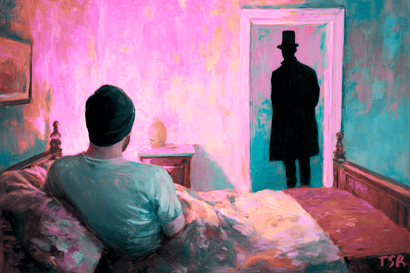 A young man wearing a beanie lies in bed, staring at the shadowy silhouette of a Victorian-era man in his bedroom doorway, foreboding yet self-conscious.