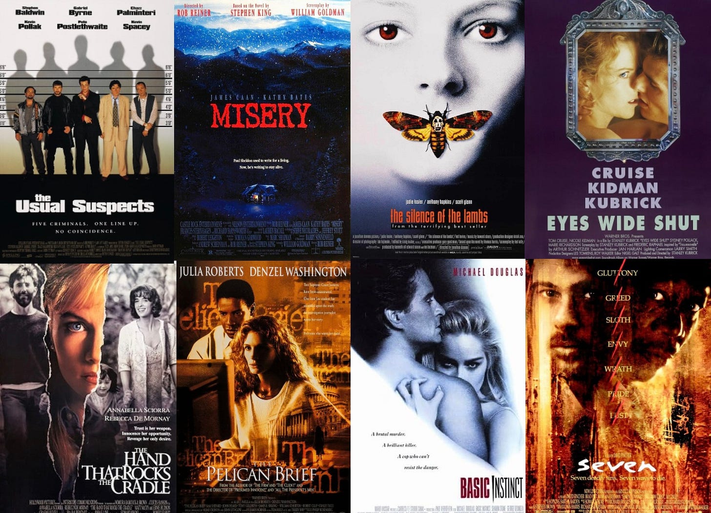 Screenplays for 'The Usual Suspects', 'Misery', 'The Silence of the Lambs', 'Eyes Wide Shut', 'The Hand That Rocks the Cradle', 'The Pelican Brief', 'Basic Instinct', 'Eyes Wide Shut'