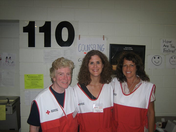 Four photos of me working as a mental health volunteer at the Hattiesburg Red Cross shelter