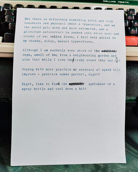 Typewritten pages in front of a typewriter on a table in the garden - see text below for what the pages say