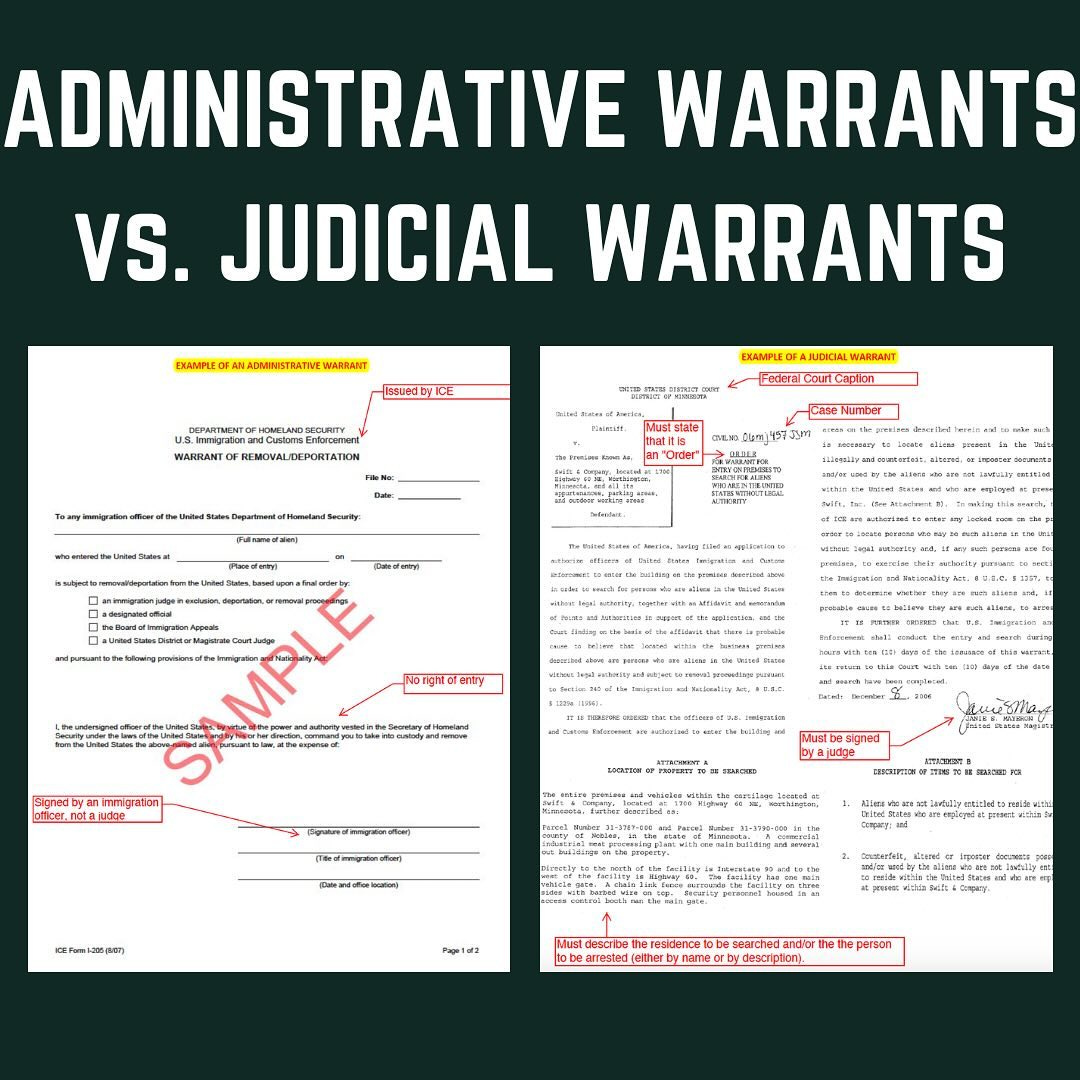 This image compares administrative and judicial warrants. Administrative warrants are issued by ICE and not signed by a judge. An administrative warrant does not grant access to your home. This image compares administrative and judicial warrants. Administrative warrants are issued by ICE and not signed by a judge. An administrative warrant does not grant access to your home.