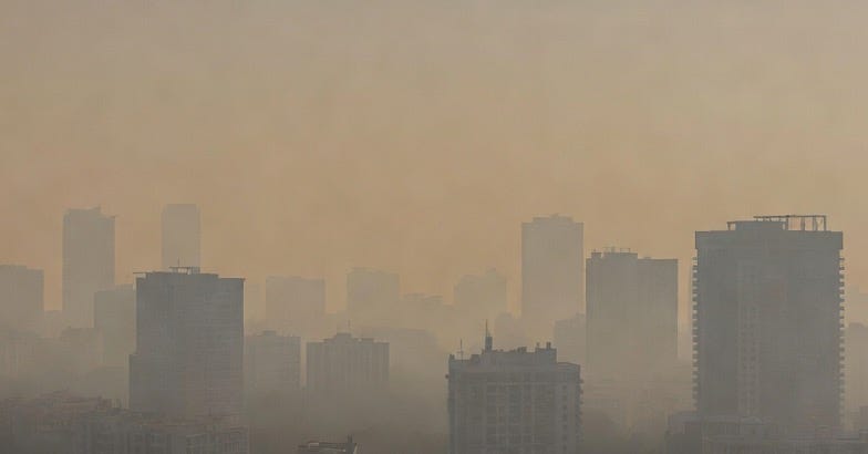 A photograph of New Delhi's smog-shrouded urban skyline, emphasizing pollution.